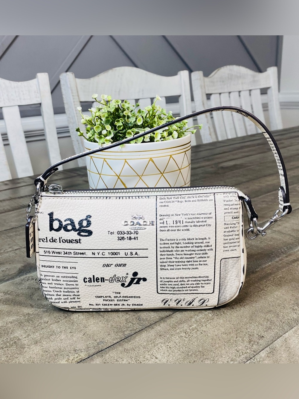 NWT Coach Nolita 19 Wristlet In Newspaper Print White Pebble Leather Bag CDC27